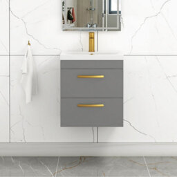 Royal Bathrooms Turin Indigo Grey Gloss 500mm Wall Hung Vanity Unit 2 Drawer With Mid-Edge Basin Sink & Brushed Brass Handles