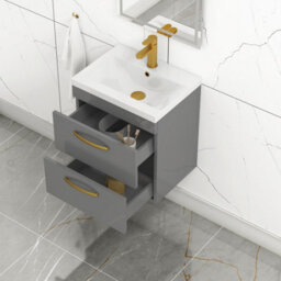 Royal Bathrooms Turin Indigo Grey Gloss 500mm Wall Hung Vanity Unit 2 Drawer With Mid-Edge Basin Sink & Brushed Brass Handles - thumbnail 5