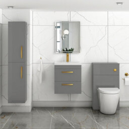 Royal Bathrooms Turin Indigo Grey Gloss 500mm Wall Hung Vanity Unit 2 Drawer With Mid-Edge Basin Sink & Brushed Brass Handles - thumbnail 2