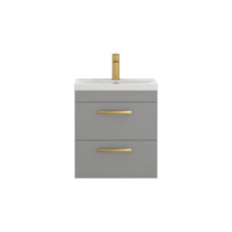 Royal Bathrooms Turin Indigo Grey Gloss 500mm Wall Hung Vanity Unit 2 Drawer With Mid-Edge Basin Sink & Brushed Brass Handles - thumbnail 6
