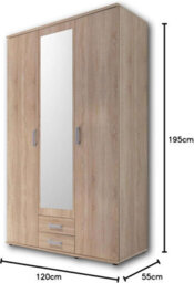Arte Elegant Karl 3-Door Hinged Wardrobe With Mirror W1200mm H1960mm D535mm - Oak Sonoma, Spacious Storage, Modern Design - thumbnail 3