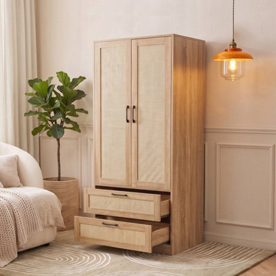 Living And Home 2-Door Natural Wood Bedroom Wardrobe With 2 Drawers, 166Cm H - image 1