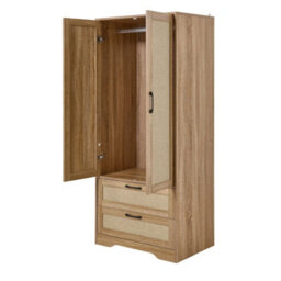 Living And Home 2-Door Natural Wood Bedroom Wardrobe With 2 Drawers, 166Cm H - thumbnail 4