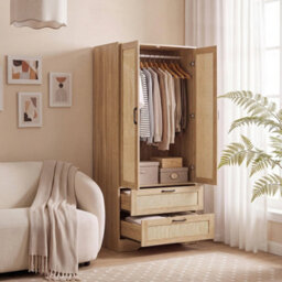 Living And Home 2-Door Natural Wood Bedroom Wardrobe With 2 Drawers, 166Cm H - thumbnail 2