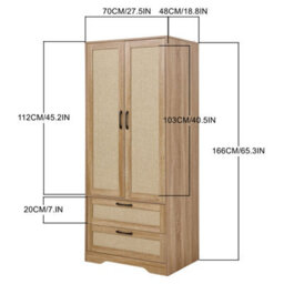 Living And Home 2-Door Natural Wood Bedroom Wardrobe With 2 Drawers, 166Cm H - thumbnail 6