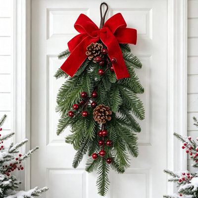 CLEFFNS Christmas Teardrop Swags Outdoor, 20Inch Decorative Christmas Teardrop Wreath Artificial Cedar Swag With Red Bow Ribbon Pine Cones - image 1