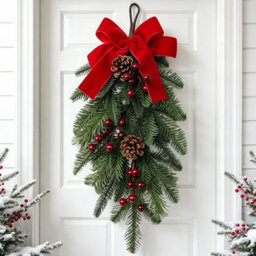 CLEFFNS Christmas Teardrop Swags Outdoor, 20Inch Decorative Christmas Teardrop Wreath Artificial Cedar Swag With Red Bow Ribbon Pine Cones - thumbnail 1
