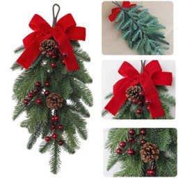 CLEFFNS Christmas Teardrop Swags Outdoor, 20Inch Decorative Christmas Teardrop Wreath Artificial Cedar Swag With Red Bow Ribbon Pine Cones - thumbnail 5