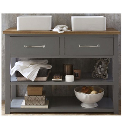 Homestylestore Light Grey And Oak 1215mm Bathroom Cloakroom Vanity Unit With Two Square Countertop Basins And Chrome T Bar Handles - image 1