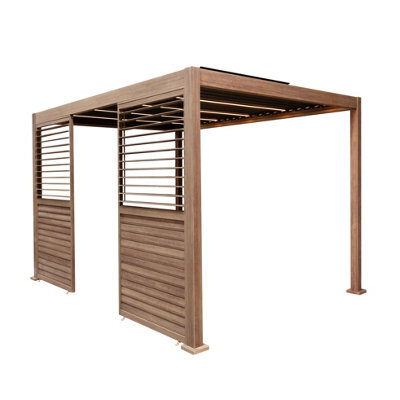 MonsterShop Metal Pergola 3M X 3M Wood Effect With Led Lights & 2 Side Panels Tilting Canopy Roof Aluminium Outdoor Garden Gazebo Sun Shelter - image 1