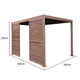 MonsterShop Metal Pergola 3M X 3M Wood Effect With Led Lights & 2 Side Panels Tilting Canopy Roof Aluminium Outdoor Garden Gazebo Sun Shelter - thumbnail 4