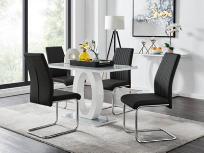 Furniturebox Giovani Rectangular 4 Seat White High Gloss Unique Halo Base Dining Table Grey Glass Top 4 Black Faux Leather Lorenzo Chairs - image 1
