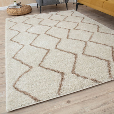 The Rugs Moroccan Shaggy Rugs And Runners Soft Fluffy Wavy Trellis Design High Pile Beige And Ivory Living Room Kitchen Hallway 830 - image 1