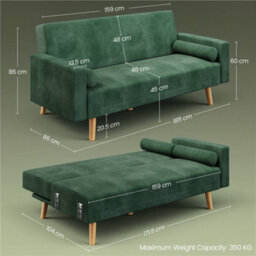 Yaheetech Modern Corduroy Sofa Bed 3 Seater Click Clack Sofa Settee Recliner Couch, Green - thumbnail 3