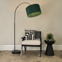 Valuelights Louis Black Arched Curved Floor Lamp With Forest Green Velvet Drum Lamp Shade
