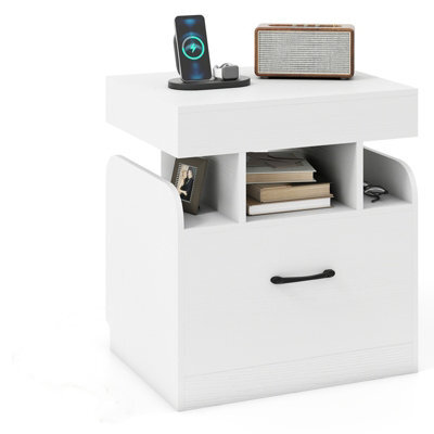 Gainoom White Modern Side Table Bedside Table Nightstand With Drawer & Sliding Top Storage - image 1