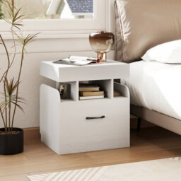 Gainoom White Modern Side Table Bedside Table Nightstand With Drawer & Sliding Top Storage - thumbnail 3
