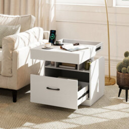 Gainoom White Modern Side Table Bedside Table Nightstand With Drawer & Sliding Top Storage - thumbnail 4