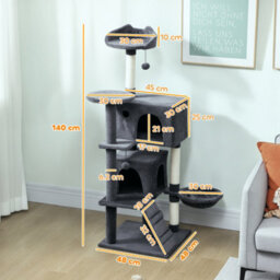 140Cm Pawhut Cat Tree With Sisal Scratching Posts, Cat Houses, Dark Grey - thumbnail 3