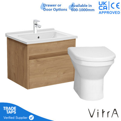 Vitra 600mm Wall Hung Bathroom Vanity Unit With 1 Drawer Includes Basin, Chrome Tap And Back To Wall Toilet - White Gloss - image 1