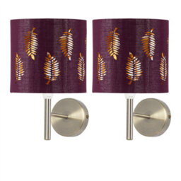 First Choice Lighting Set Of 2 Brea - Antique Brass Wall Lights With Burgundy Fern Shades