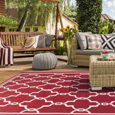 Red Outdoor Rug, Geometric Stain-Resistant Rug For Patio Decks Garden Balcony, Modern Outdoor Area Rug-120Cm (Circle) - image 1