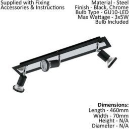 Stylish Black Chrome 3-Head Wall And Ceiling Spot Light With Gu10 Bulbs - thumbnail 2