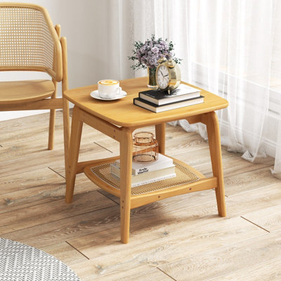 Costway Side Table Bamboo Sofa Side Table W/faux Rattan Storage Shelf-Natural - image 1