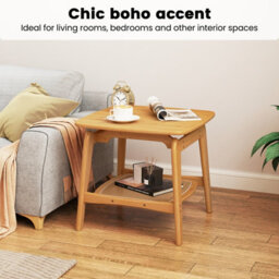 Costway Side Table Bamboo Sofa Side Table W/faux Rattan Storage Shelf-Natural - thumbnail 7