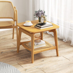 Costway Side Table Bamboo Sofa Side Table W/faux Rattan Storage Shelf-Natural