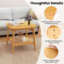 Costway Side Table Bamboo Sofa Side Table W/faux Rattan Storage Shelf-Natural - thumbnail 8