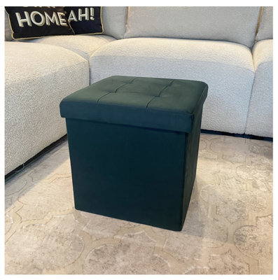 Home Luxe Interiors Green Square Foldable Brushed Velvet Storage Box Pouffe Seat Ottoman - image 1
