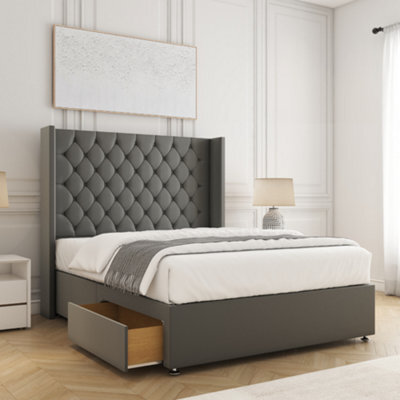 Bsspoke Winchester Divan Bed Set Grey Plush Velvet With 54Inch Headboard & 2 Drawers Footend & Mattress In All Sizes - image 1