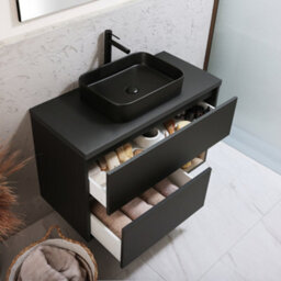 Homestylestore Black Grey 1000mm Led Lit Wall Hung Bathroom Vanity Unit With Rectangular Countertop Basin And Graphite Basin - thumbnail 2