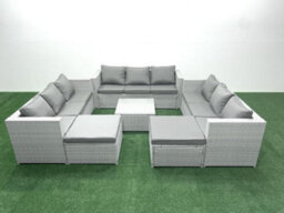 Fimous Rattan Garden Outdoor Furniture Set 11 Seater Rattan Garden Sofa Set 2 Big Stools Light Grey - thumbnail 1