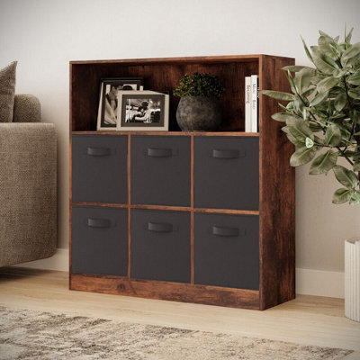 Urbn-Living Urbnliving 94Cm Height 7 Cubed Rustic Brown Wooden Cupboard Bookcase Storage Units Shelves With Black 6 Drawers - image 1