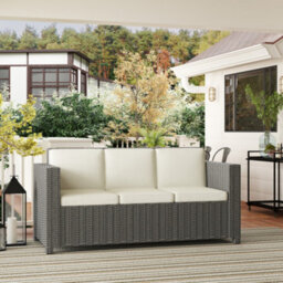 Outsunny Rattan Wicker 3-Seater Sofa Chair Patio Furniture W/ Cushion Cream - thumbnail 9