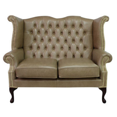 Chesterfield 2 Seater High Back Wing Sofa Old English Parchment Leather In Queen Anne Style - image 1
