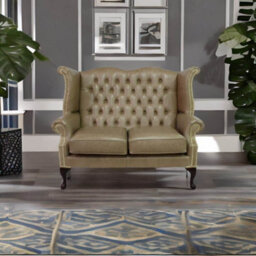 Chesterfield 2 Seater High Back Wing Sofa Old English Parchment Leather In Queen Anne Style - thumbnail 5