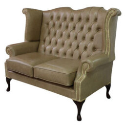 Chesterfield 2 Seater High Back Wing Sofa Old English Parchment Leather In Queen Anne Style - thumbnail 2