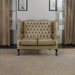 Chesterfield 2 Seater High Back Wing Sofa Old English Parchment Leather In Queen Anne Style - thumbnail 4