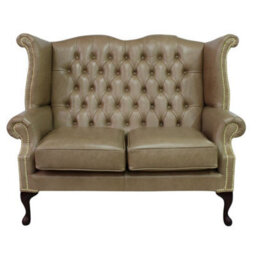Chesterfield 2 Seater High Back Wing Sofa Old English Parchment Leather In Queen Anne Style - thumbnail 1