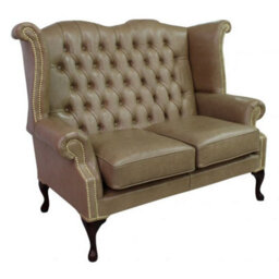 Chesterfield 2 Seater High Back Wing Sofa Old English Parchment Leather In Queen Anne Style - thumbnail 3