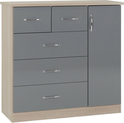 Seconique Nevada 5 Drawer 1 Door Low Wardrobe Grey Gloss And Light Oak Effect Veneer - image 1