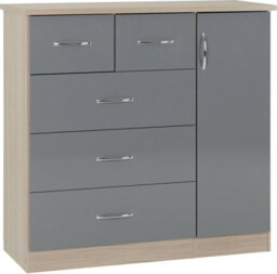 Seconique Nevada 5 Drawer 1 Door Low Wardrobe Grey Gloss And Light Oak Effect Veneer - thumbnail 1