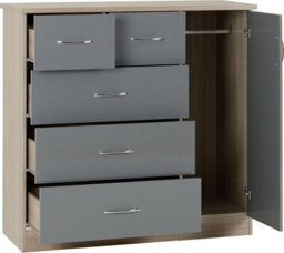 Seconique Nevada 5 Drawer 1 Door Low Wardrobe Grey Gloss And Light Oak Effect Veneer - thumbnail 2