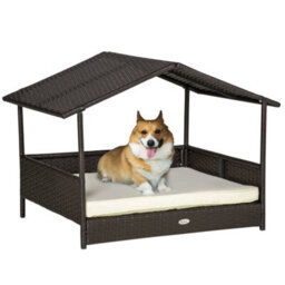 Pawhut Wicker Dog House, Rattan Pet Bed With Soft Cushion, Cat Basket - Cream - thumbnail 2