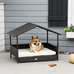 Pawhut Wicker Dog House, Rattan Pet Bed With Soft Cushion, Cat Basket - Cream