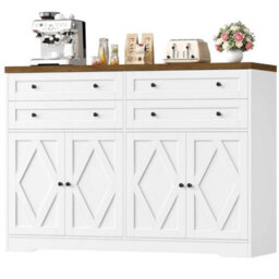 White Sideboard, Kitchen Cabinet With 4 Drawers And 4 Doors,modern Kitchen Cupboard - thumbnail 1