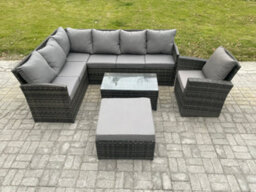 Fimous 8 Seater Rattan Lounge Corner Sofa Set Wicker Pe Outdoor Garden Furniture Set With Coffee Table Big Footstool Armchair - thumbnail 2